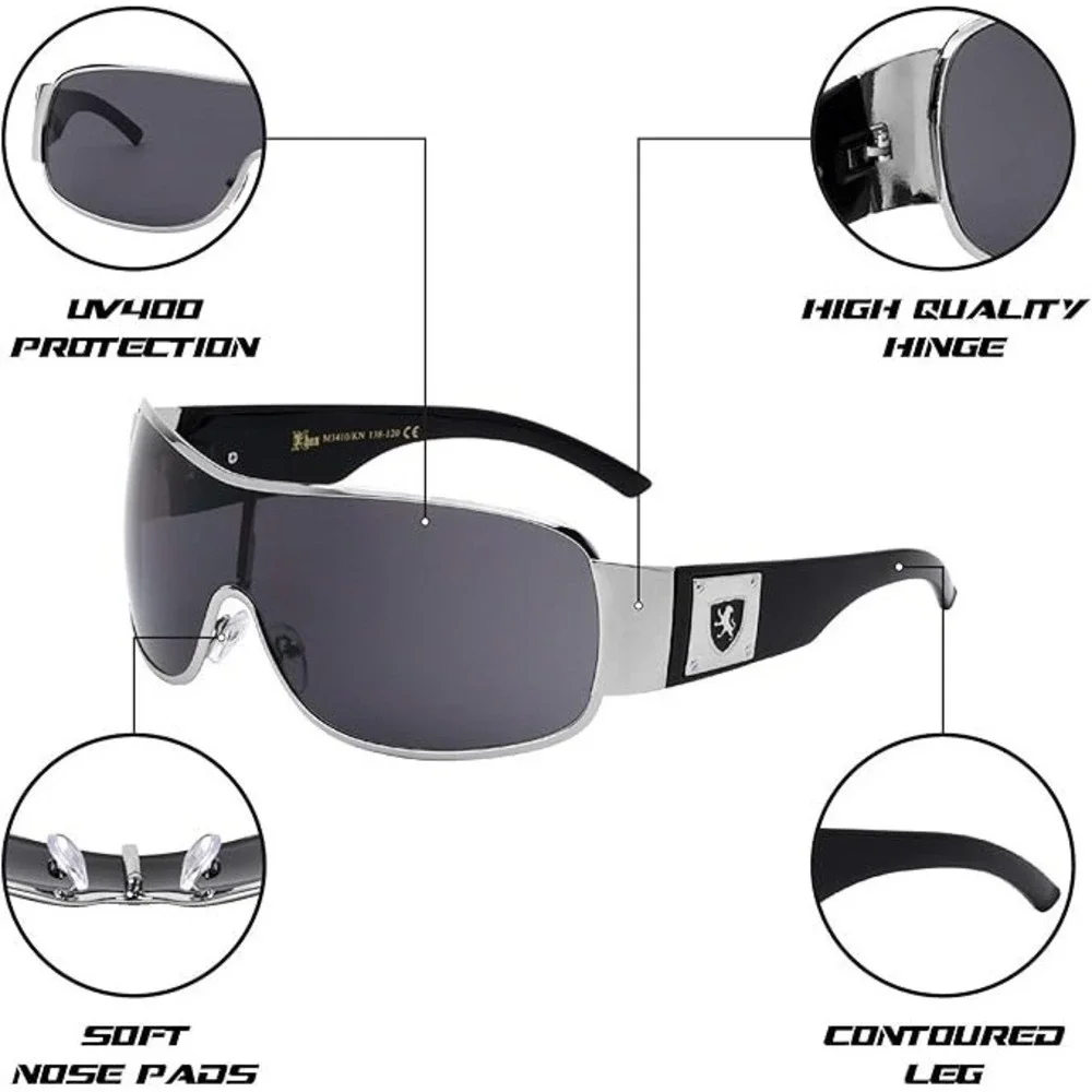 Men Shield Sunglasses Silver Black Wrap Around UV400 Hip Hop Gangster Streetwear